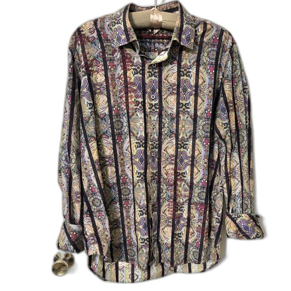 Robert Graham Paisley Stripe Button Down Shirt Mens XL Multicolor Cotton